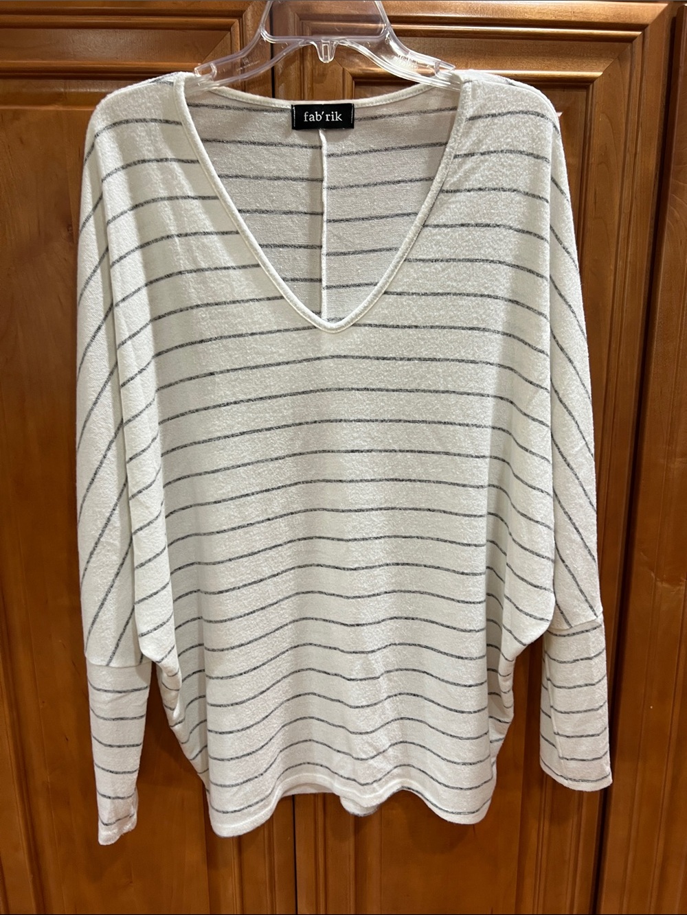 fab'rik Cream and Black Striped V-Neck Pullover